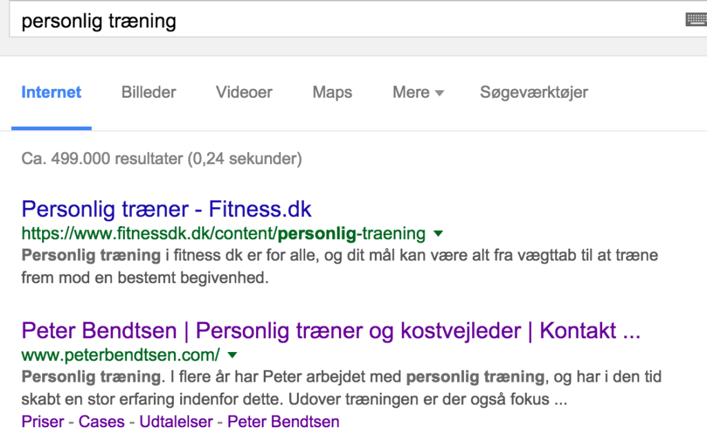 Google søgning på Personlig Træning